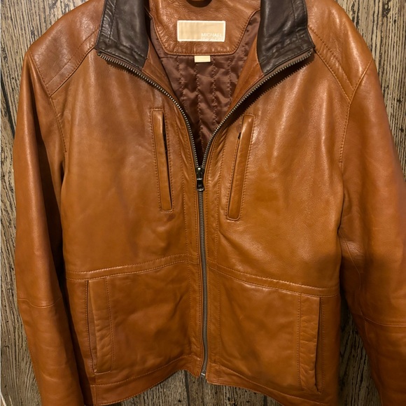 Michael Kors Mens Leather Jacket Brown Cognac Zipper Moto Mens Med - Picture 2 of 10
